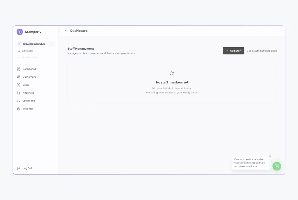 Screenshot of the Add staff form: first name, last name, email, password, and the card assignment selector.