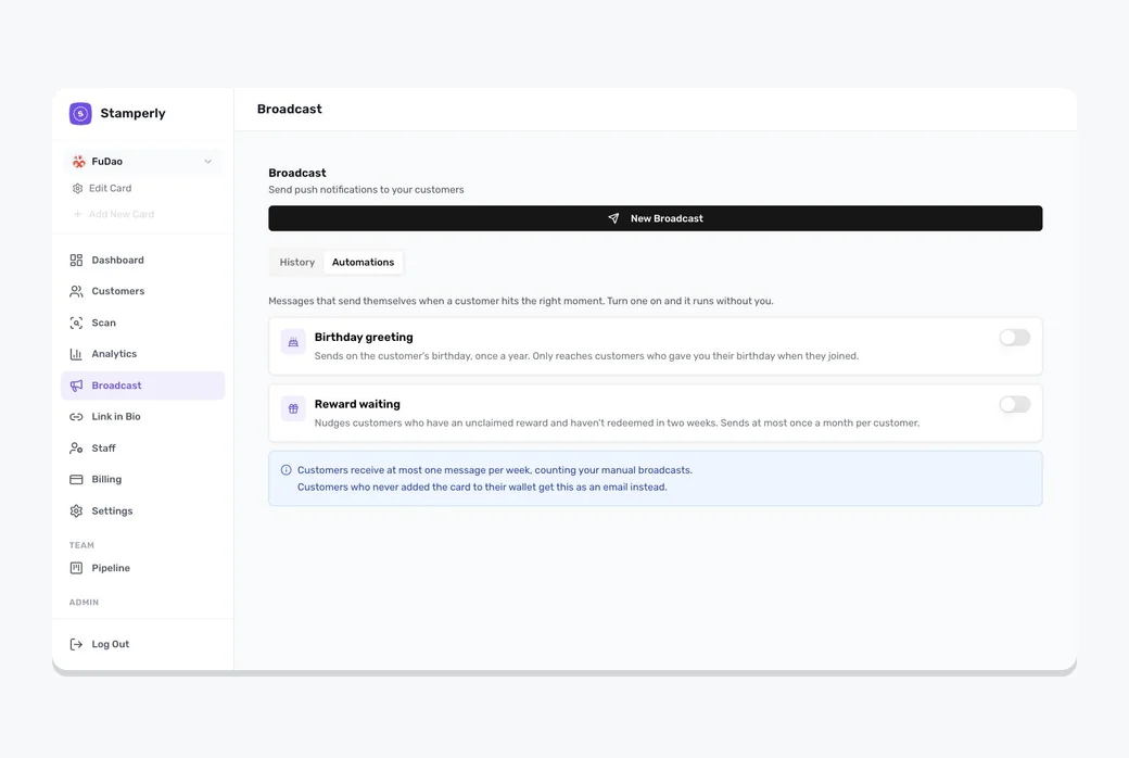 Screenshot of the Automations tab on the Broadcast page, showing the Birthday and Reward waiting recipes with their on/off switches.