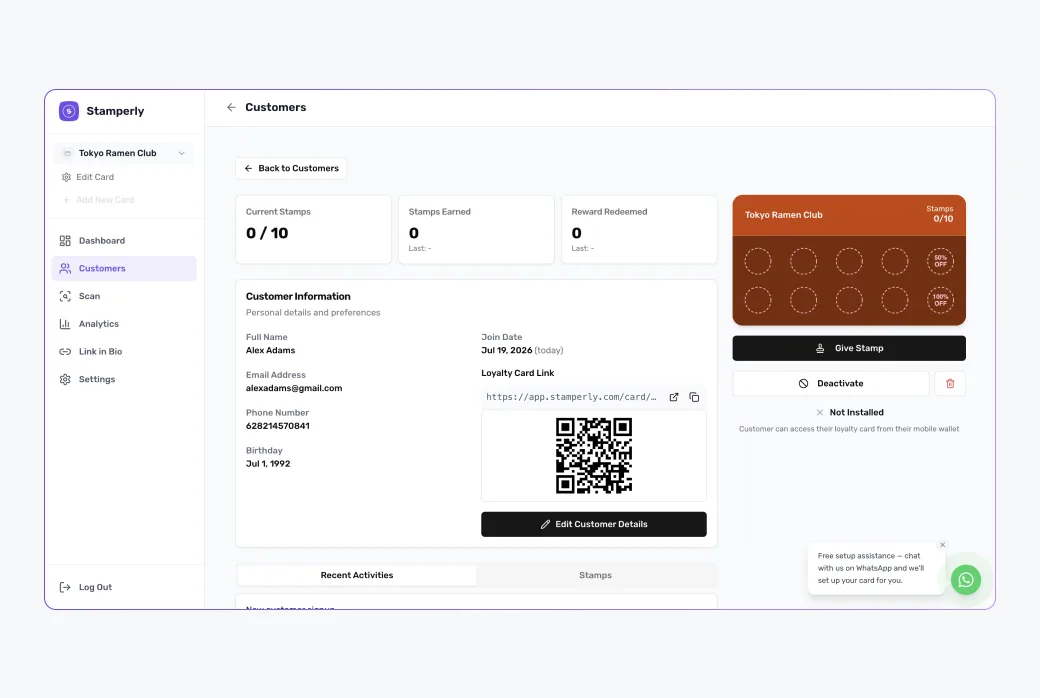 Screenshot of a single customer's detail view with their stamp history, visits, and redeemed rewards.