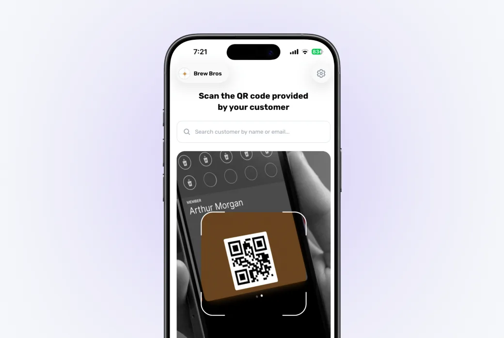 Screenshot of the scan customer screen showing an eligible reward highlighted with a Redeem button (customer has enough stamps).