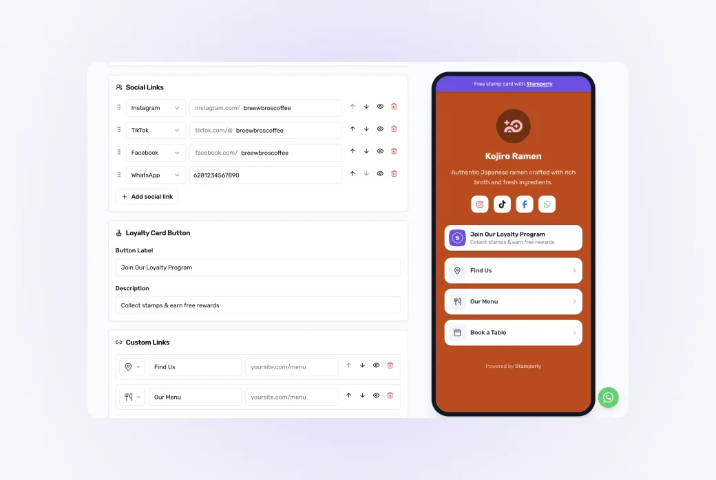 Screenshot editor pengelolaan link di dashboard — menambah dan mengatur urutan link.