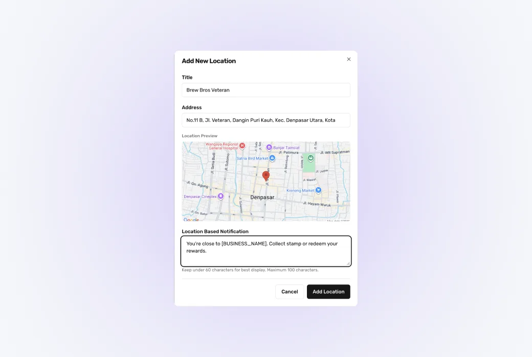 Screenshot editor zona notifikasi — peta dengan radius yang digambar di sekitar lokasi toko.