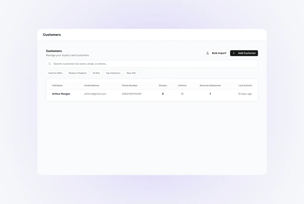 Screenshot of the customers list in the dashboard with the filter chips (Inactive, New, Top customers) visible.