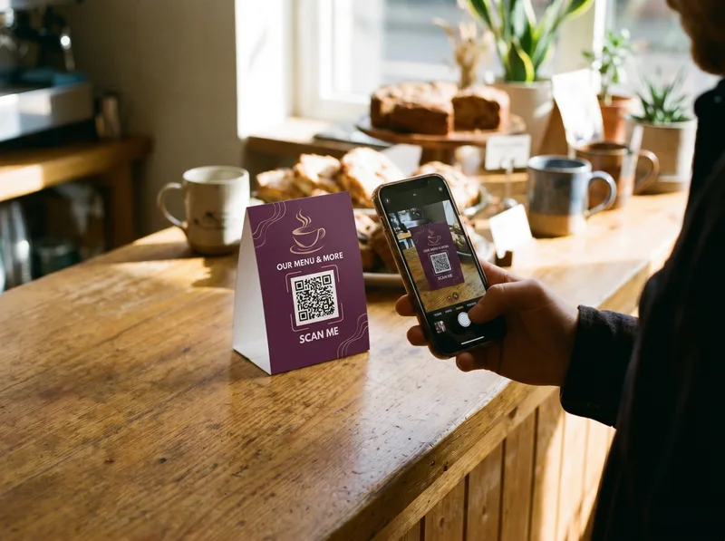Customer scanning a cafe QR code standee with their phone